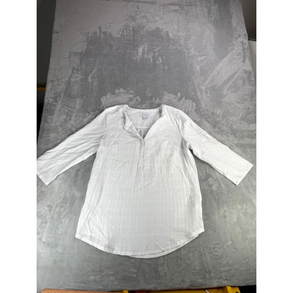 Liz Claiborne Gauze Popover Blouse Womens Large White Pleated Split Neck Preppy